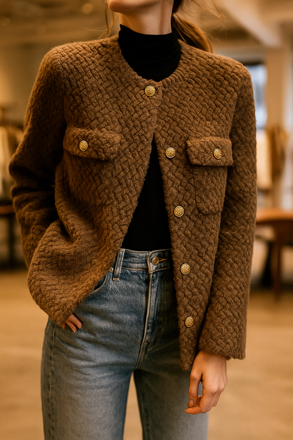 Women's Textured Boucle Jacket with Gold Button Front and Pockets