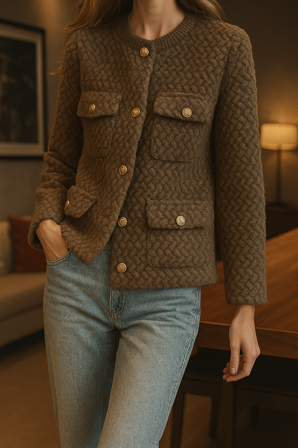Women's Textured Boucle Jacket with Gold Button Front and Pockets