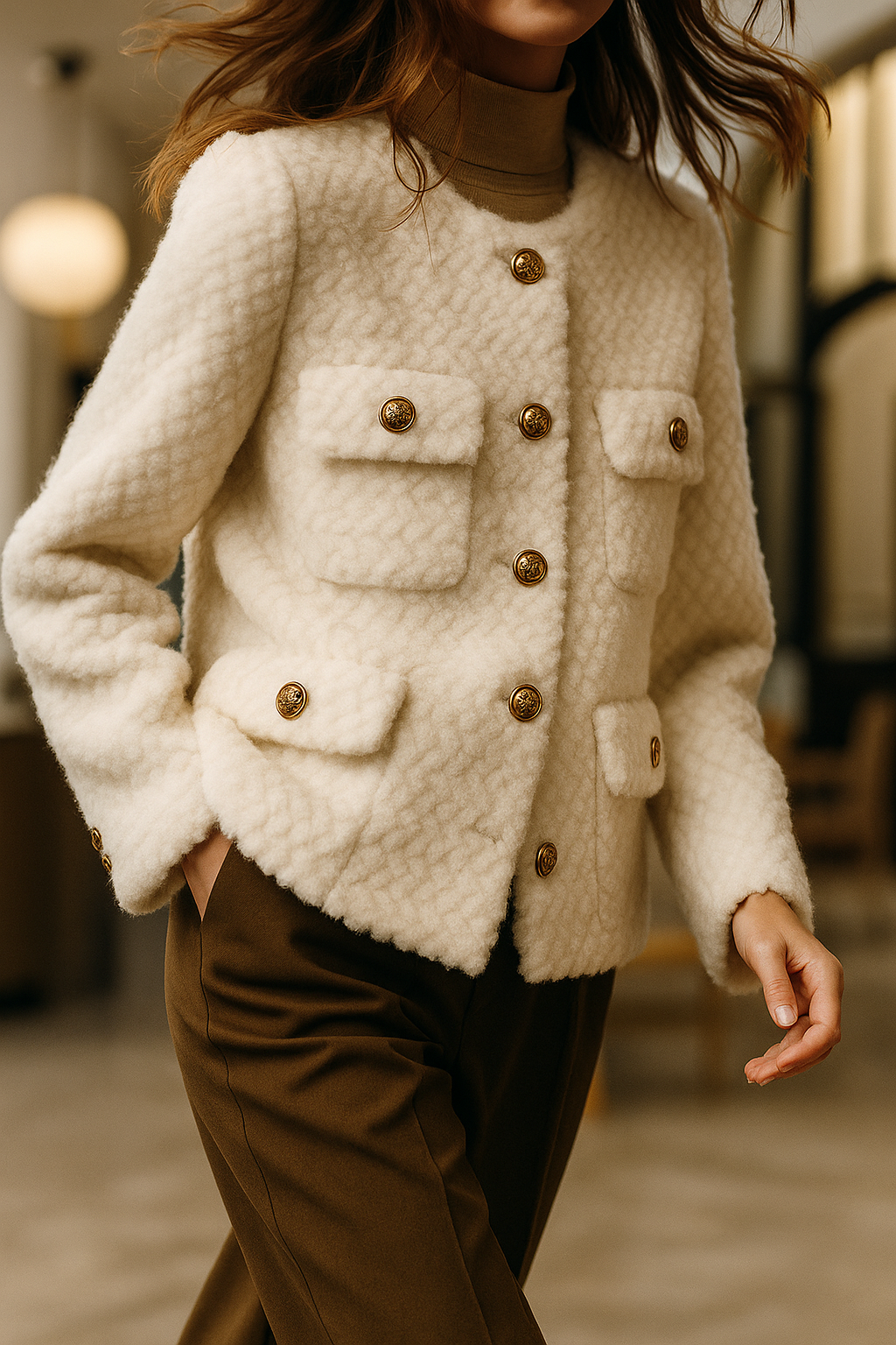 Women's Textured Boucle Jacket with Gold Button Front and Pockets