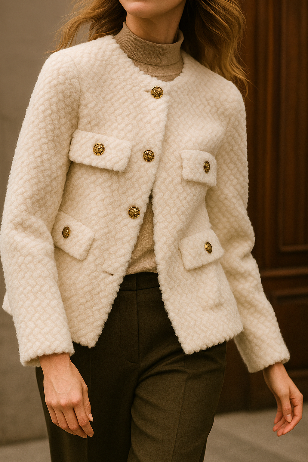 Women's Textured Boucle Jacket with Gold Button Front and Pockets