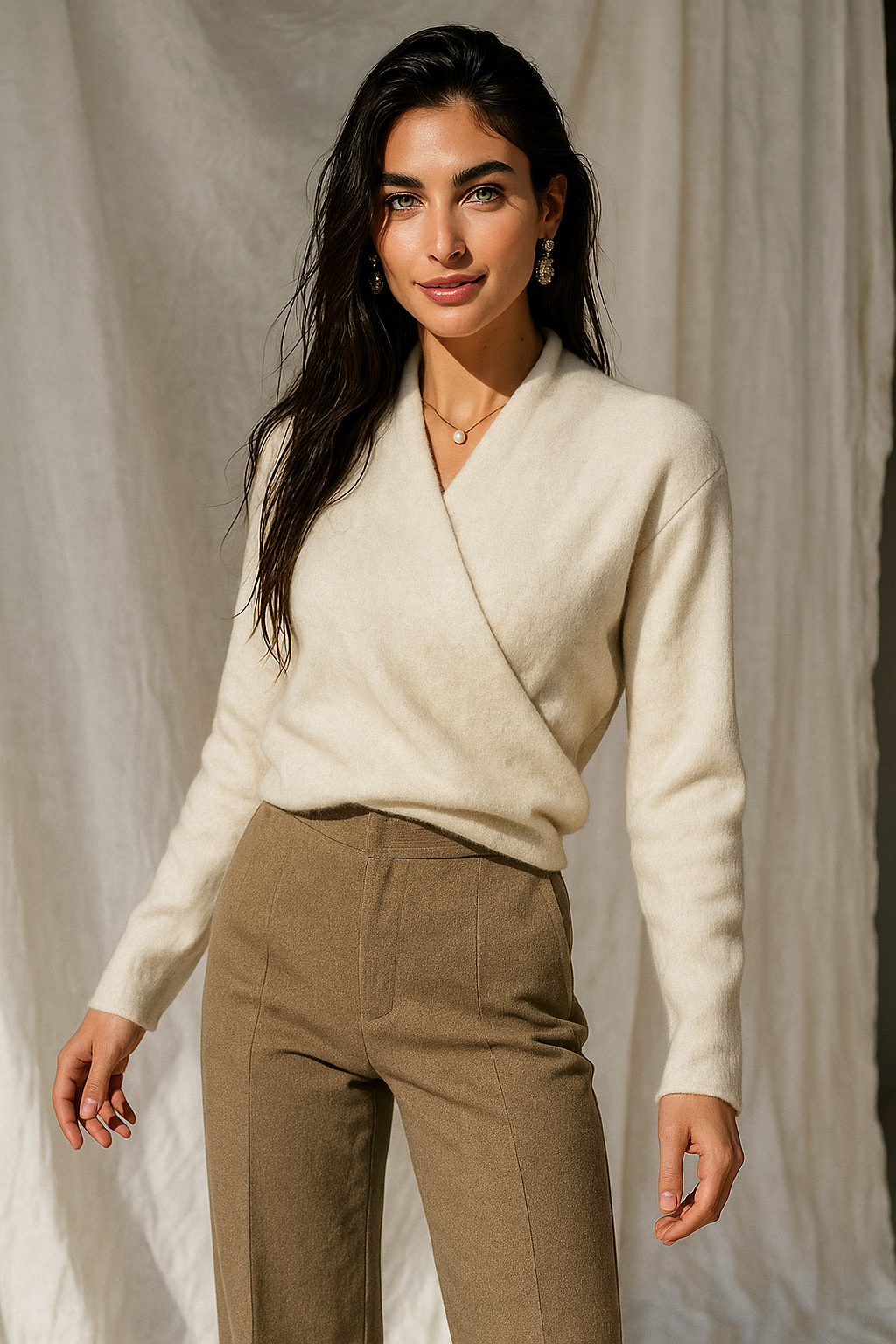 Women's V Neck Knit Sweater with Wrap Front and Long Sleeves