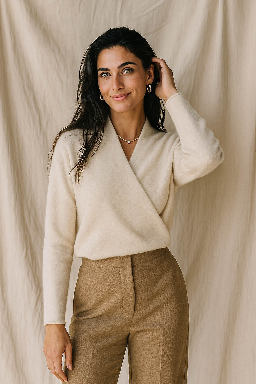 Women's V Neck Knit Sweater with Wrap Front and Long Sleeves