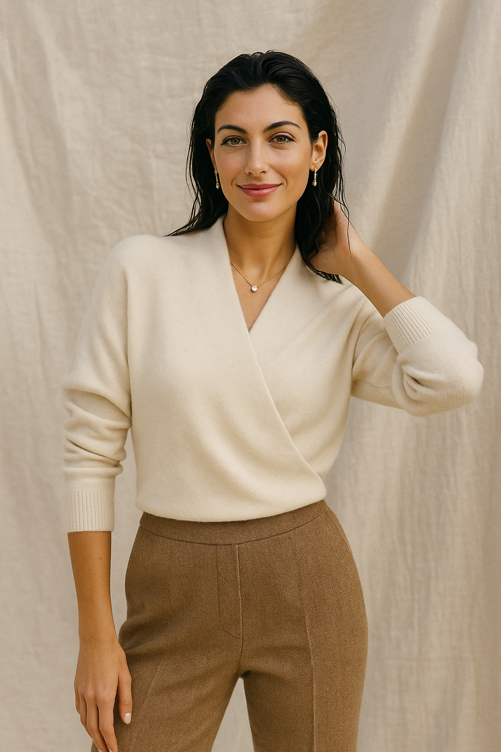 Women's V Neck Knit Sweater with Wrap Front and Long Sleeves