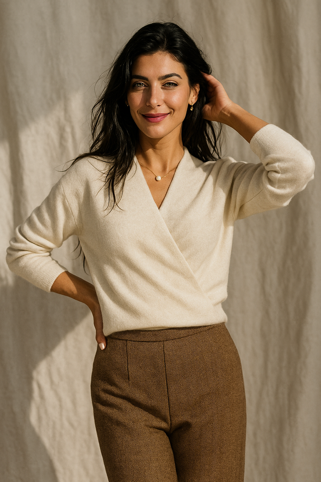 Women's V Neck Knit Sweater with Wrap Front and Long Sleeves