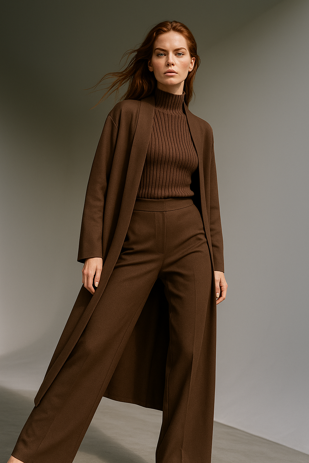 Women's Knit Lounge Set with Long Cardigan and Wide Leg Pants