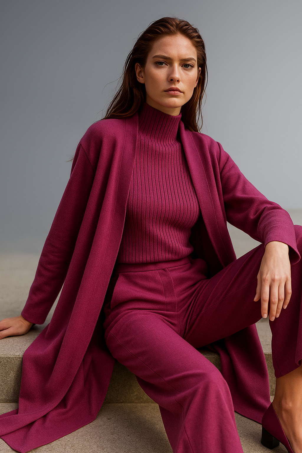 Women's Knit Lounge Set with Long Cardigan and Wide Leg Pants