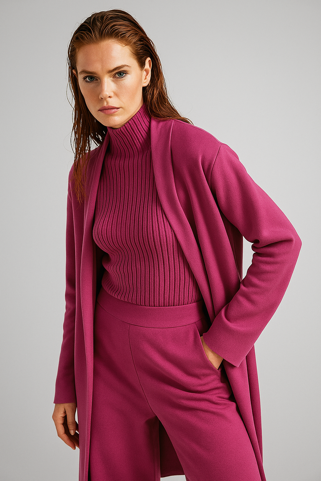 Women's Knit Lounge Set with Long Cardigan and Wide Leg Pants