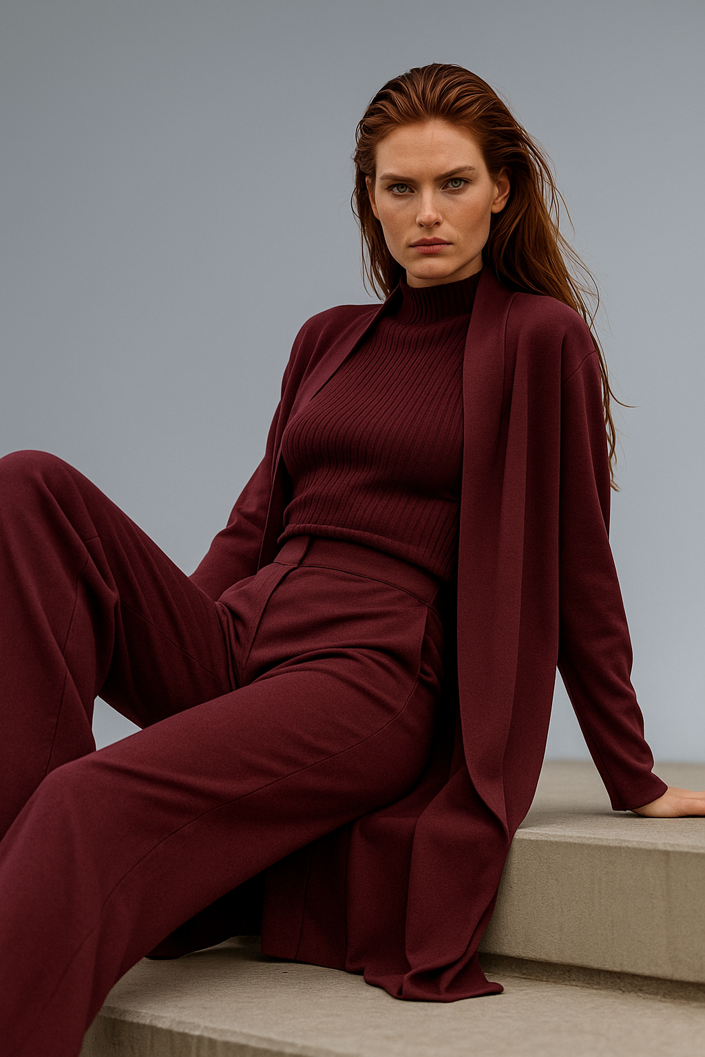 Women's Knit Lounge Set with Long Cardigan and Wide Leg Pants