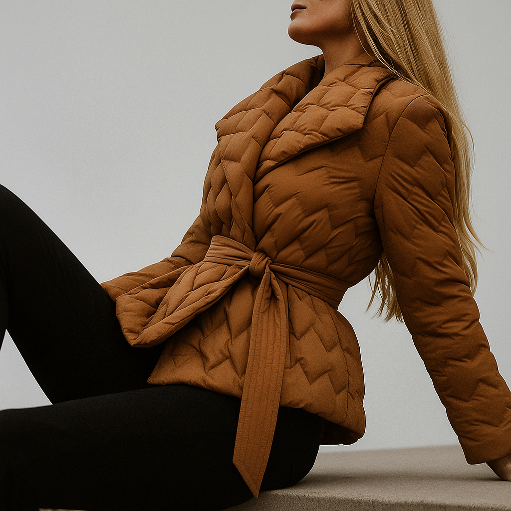 Women's Quilted Wrap Jacket with Tie Belt and Wide Lapel