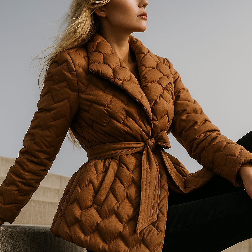Women's Quilted Wrap Jacket with Tie Belt and Wide Lapel