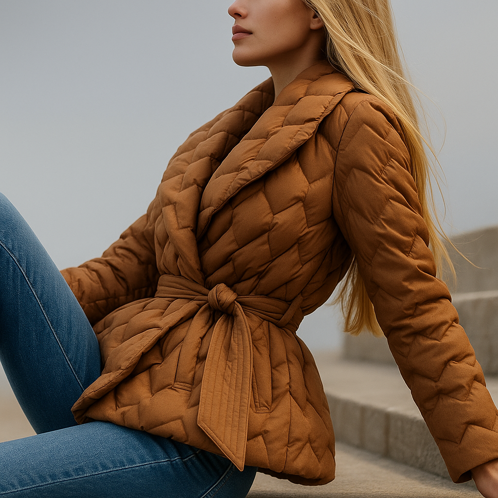 Women's Quilted Wrap Jacket with Tie Belt and Wide Lapel
