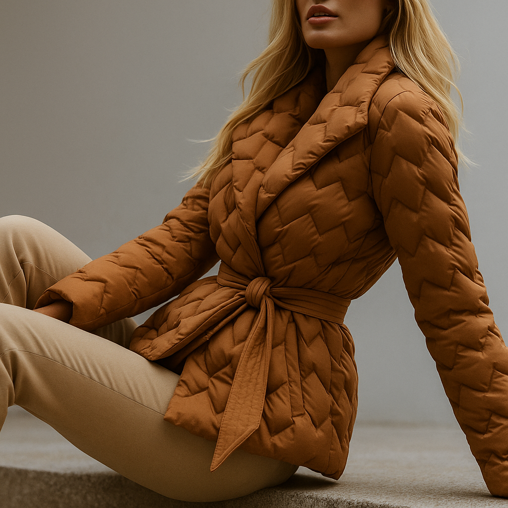 Women's Quilted Wrap Jacket with Tie Belt and Wide Lapel