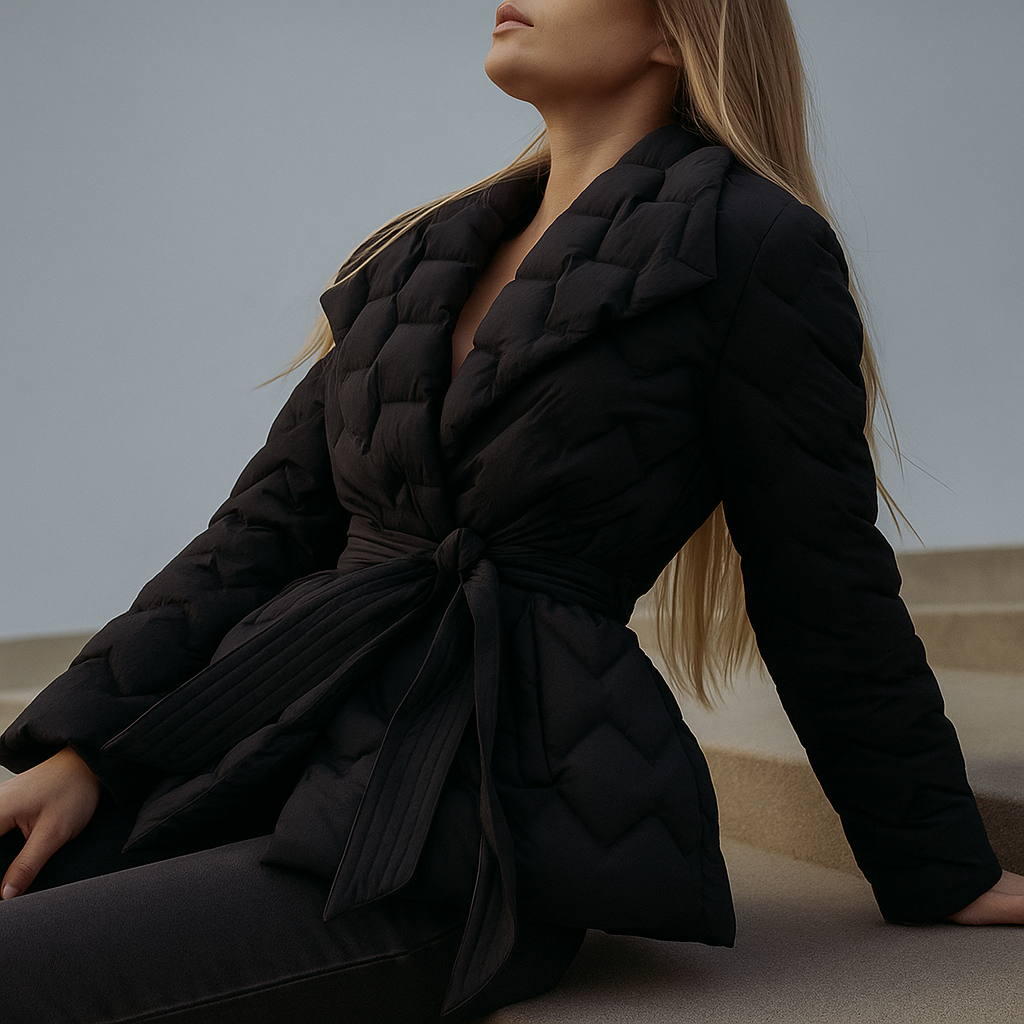 Women's Quilted Wrap Jacket with Tie Belt and Wide Lapel