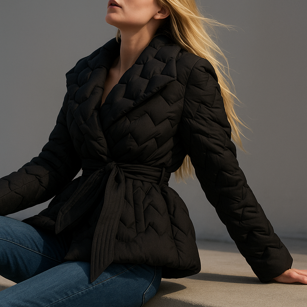 Women's Quilted Wrap Jacket with Tie Belt and Wide Lapel