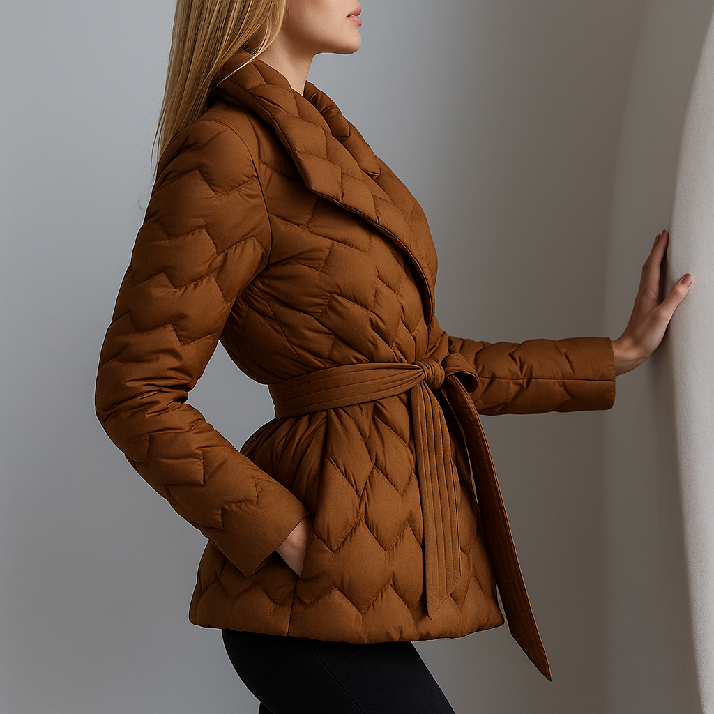 Women's Quilted Wrap Jacket with Tie Belt and Wide Lapel