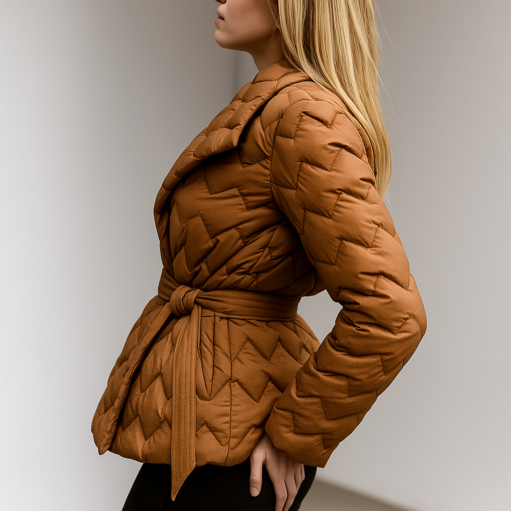 Women's Quilted Wrap Jacket with Tie Belt and Wide Lapel