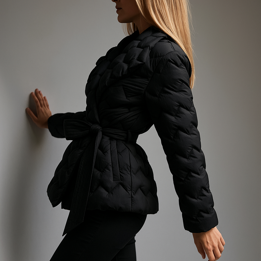 Women's Quilted Wrap Jacket with Tie Belt and Wide Lapel