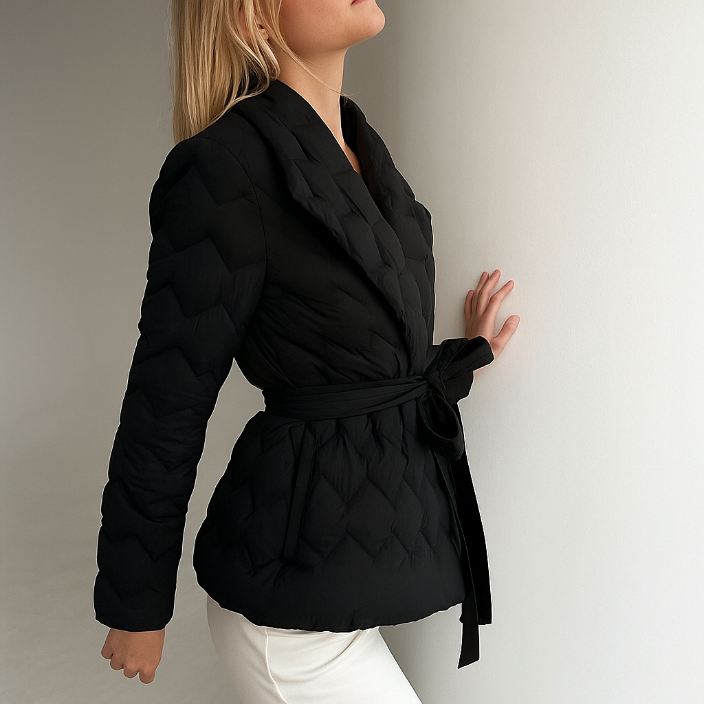 Women's Quilted Wrap Jacket with Tie Belt and Wide Lapel