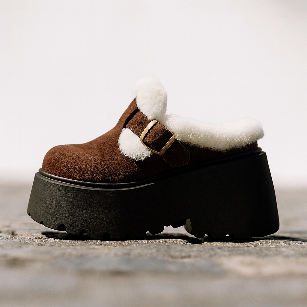 Women's Shearling Platform Clogs with Buckle Strap and Chunky Sole