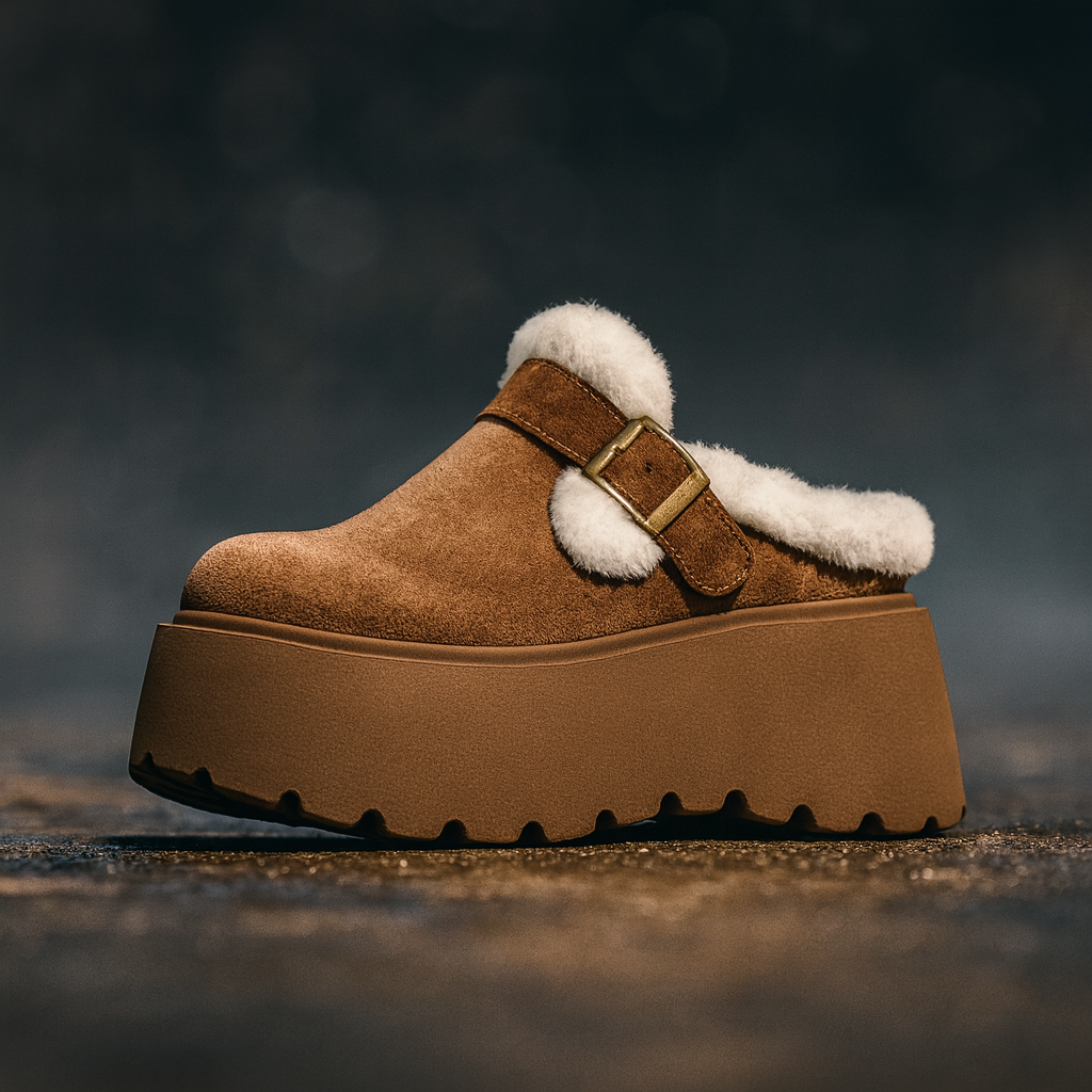 Women's Shearling Platform Clogs with Buckle Strap and Chunky Sole