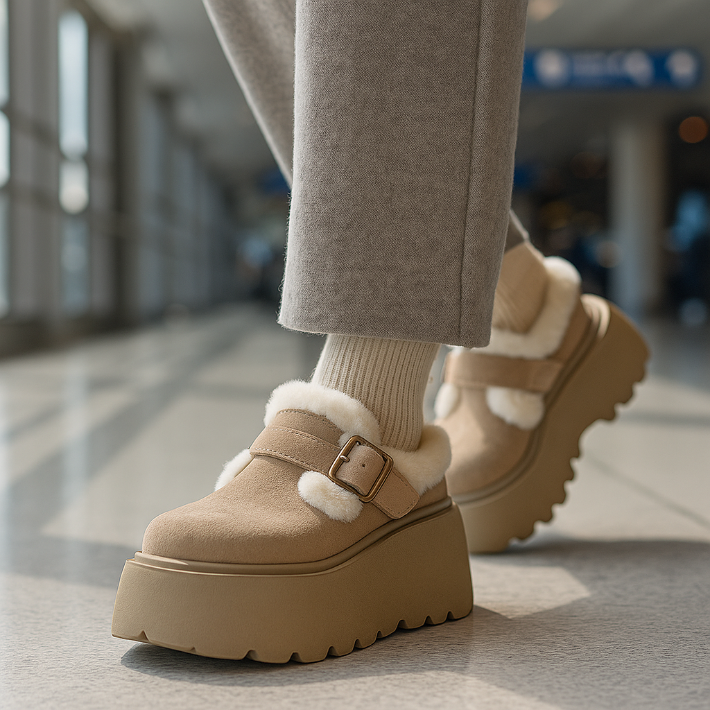 Women's Shearling Platform Clogs with Buckle Strap and Chunky Sole