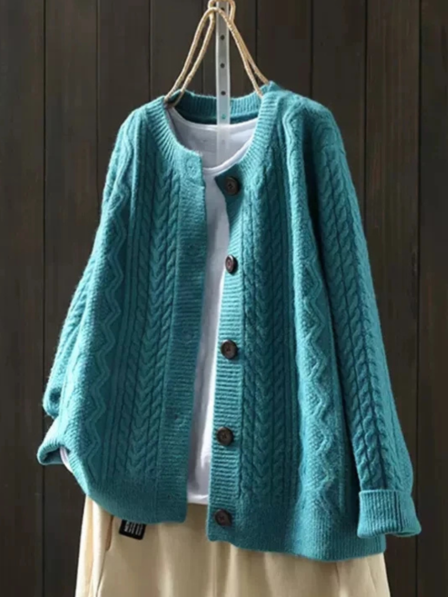 Women's Cable Knit Button Front Cardigan With Round Neck