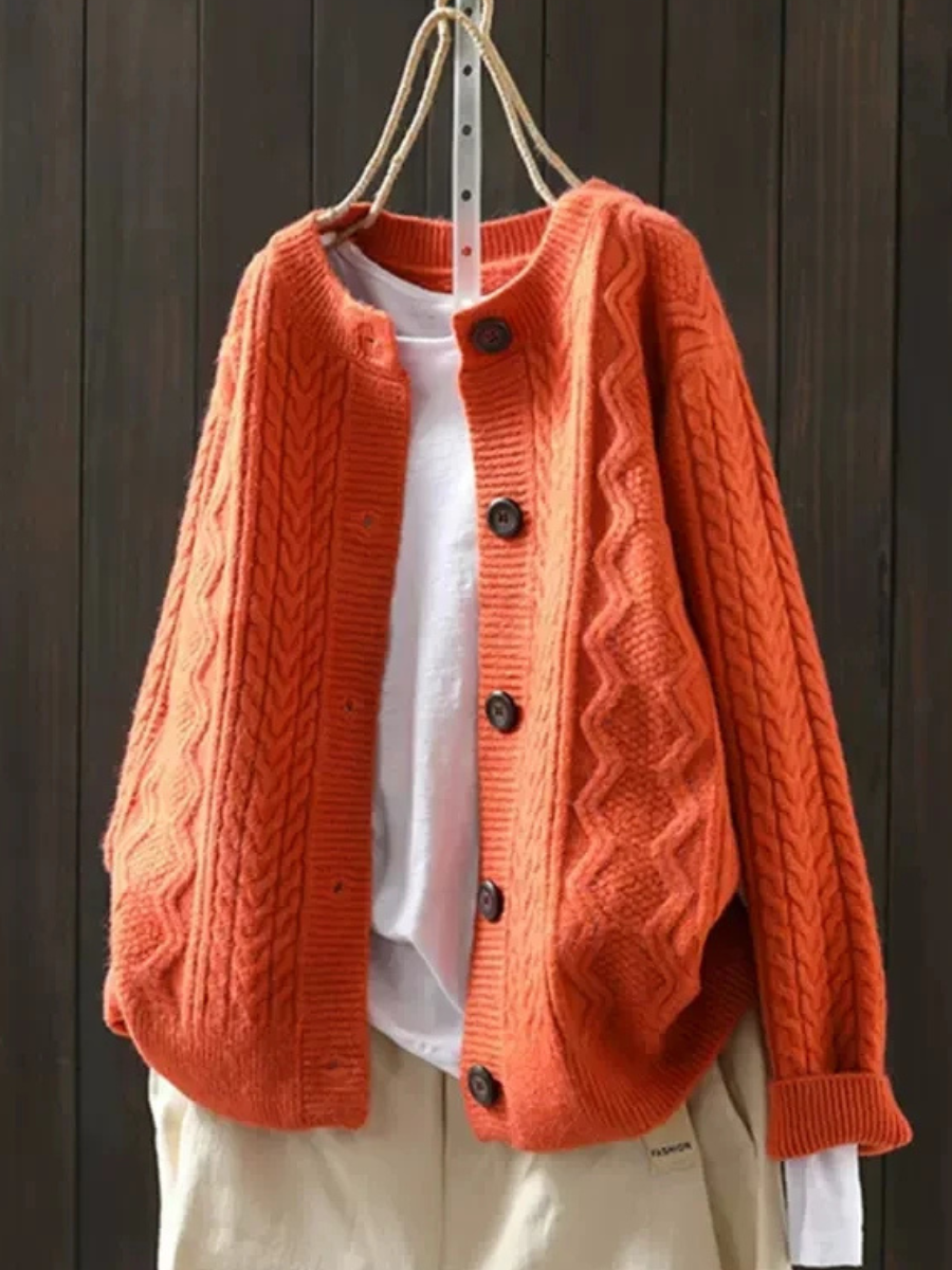 Women's Cable Knit Button Front Cardigan With Round Neck