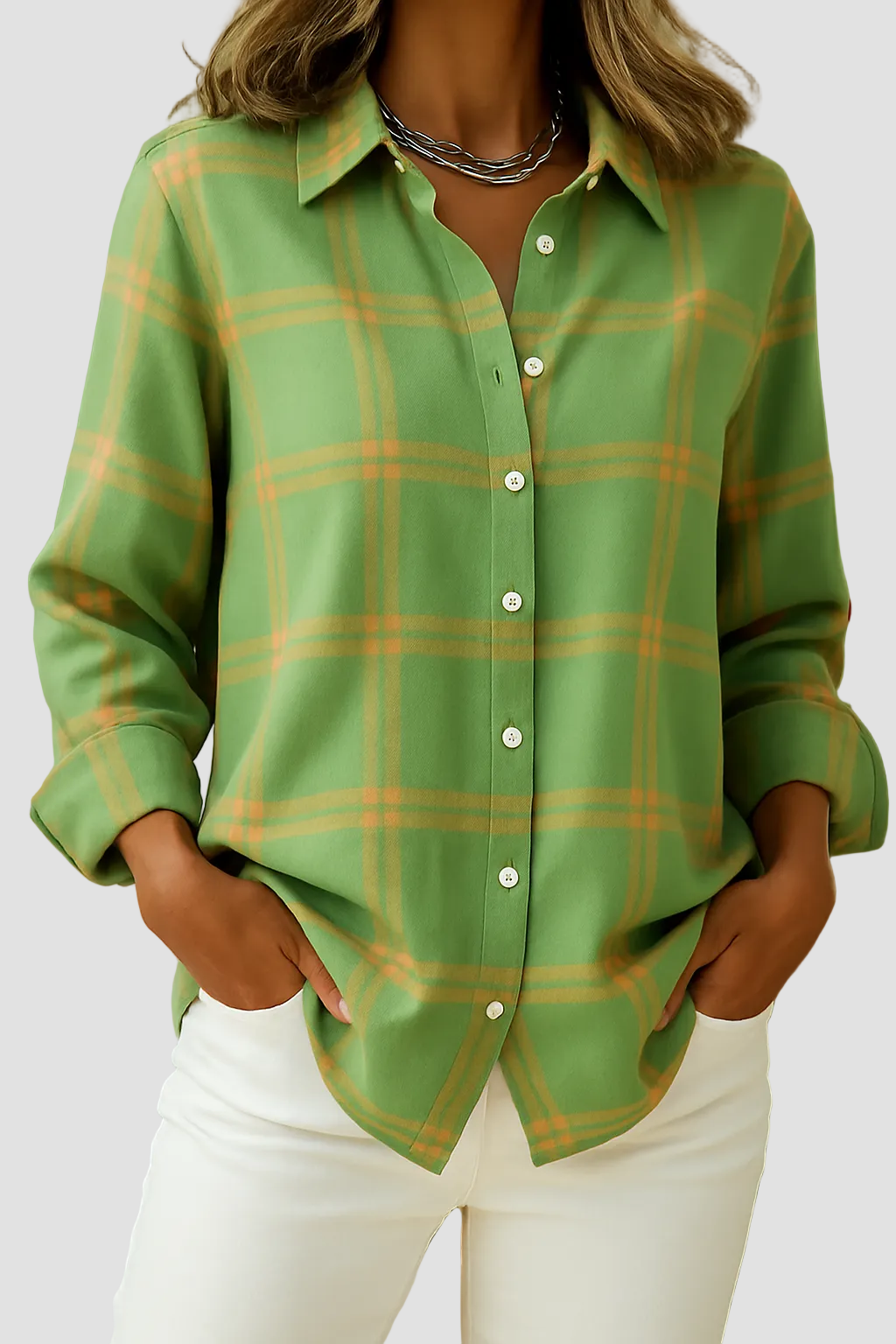 Plaid Shirt with Collared Neck and Long Sleeves