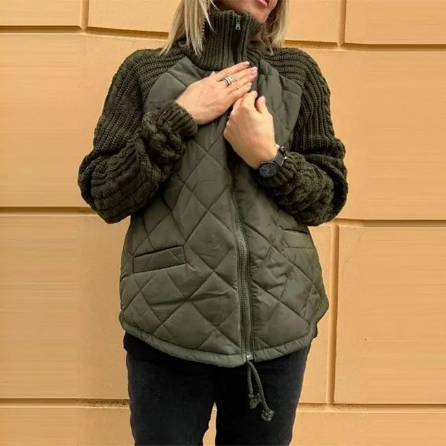 Women's Quilted Jacket With Chunky Knit Sleeves And Stand Collar