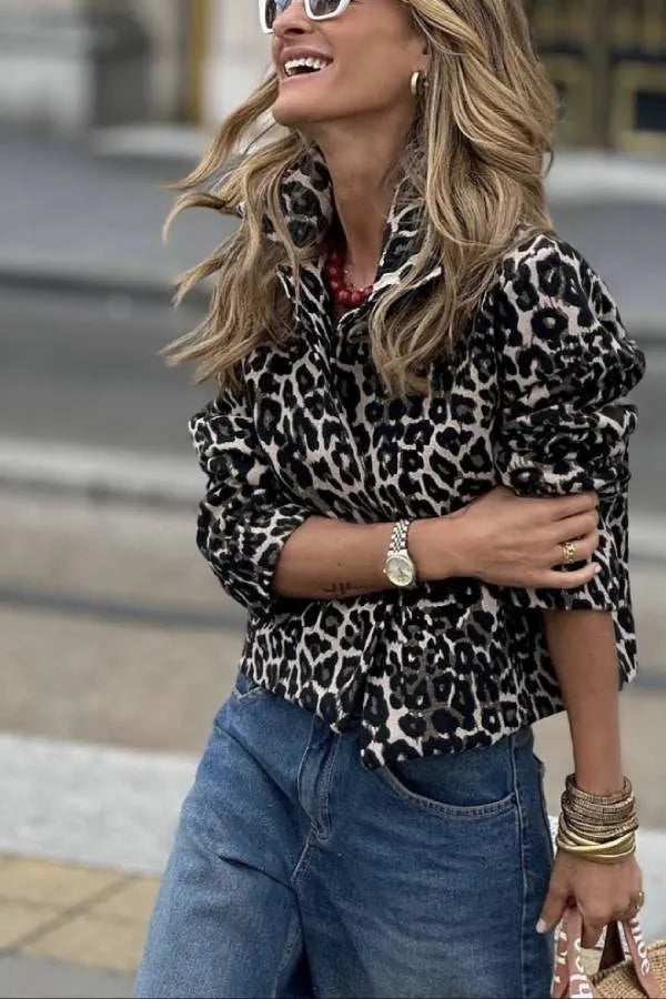 Women's Cropped Leopard Print Collared Button Front Jacket