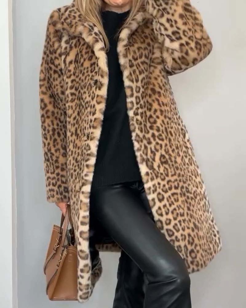 Women's Leopard Print Faux Fur Long Coat With Collarless Open Front