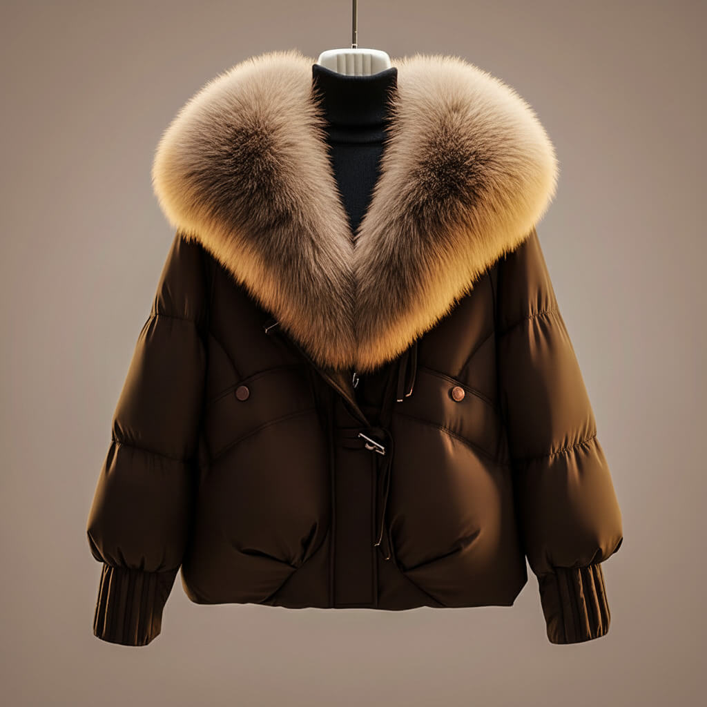 Women's Padded Coat With Plush Oversized Collar And Zip Front