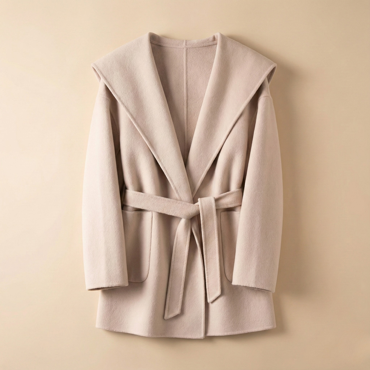 Women's Belted Hooded Wool Blend Coat with Patch Pockets