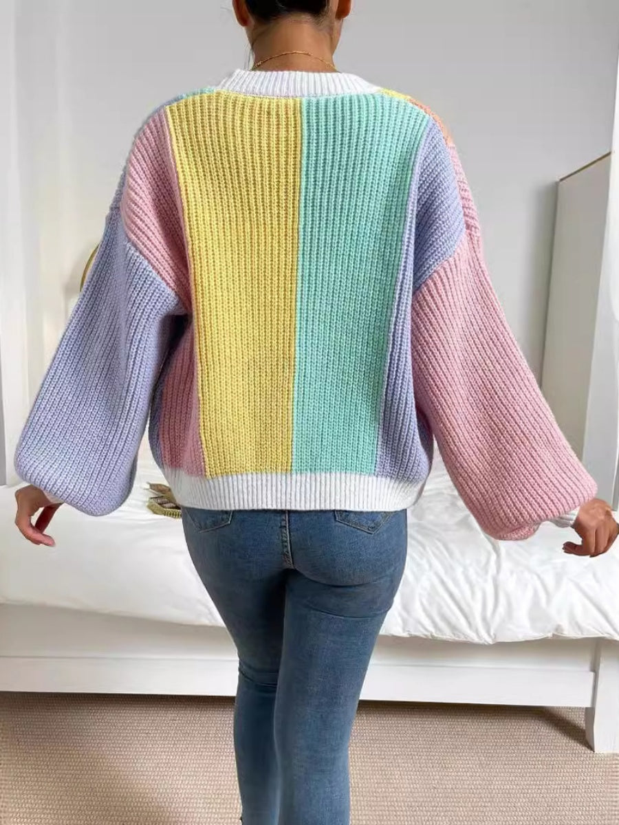 Women's Color Block Knit Cardigan Button Front