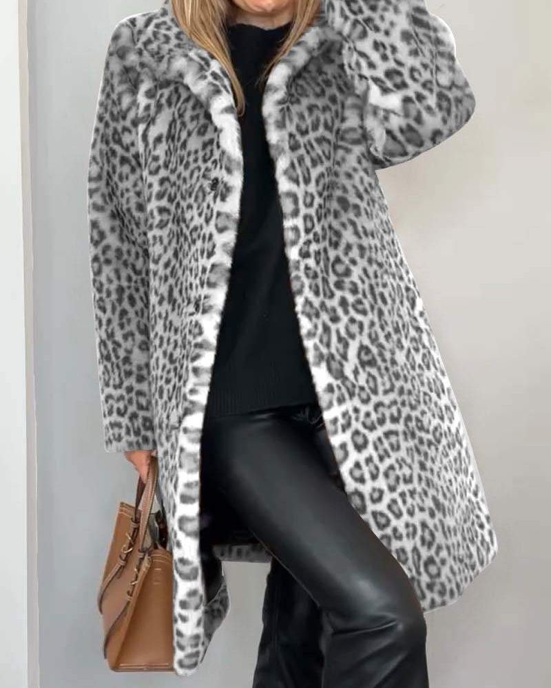 Women's Leopard Print Faux Fur Long Coat With Collarless Open Front