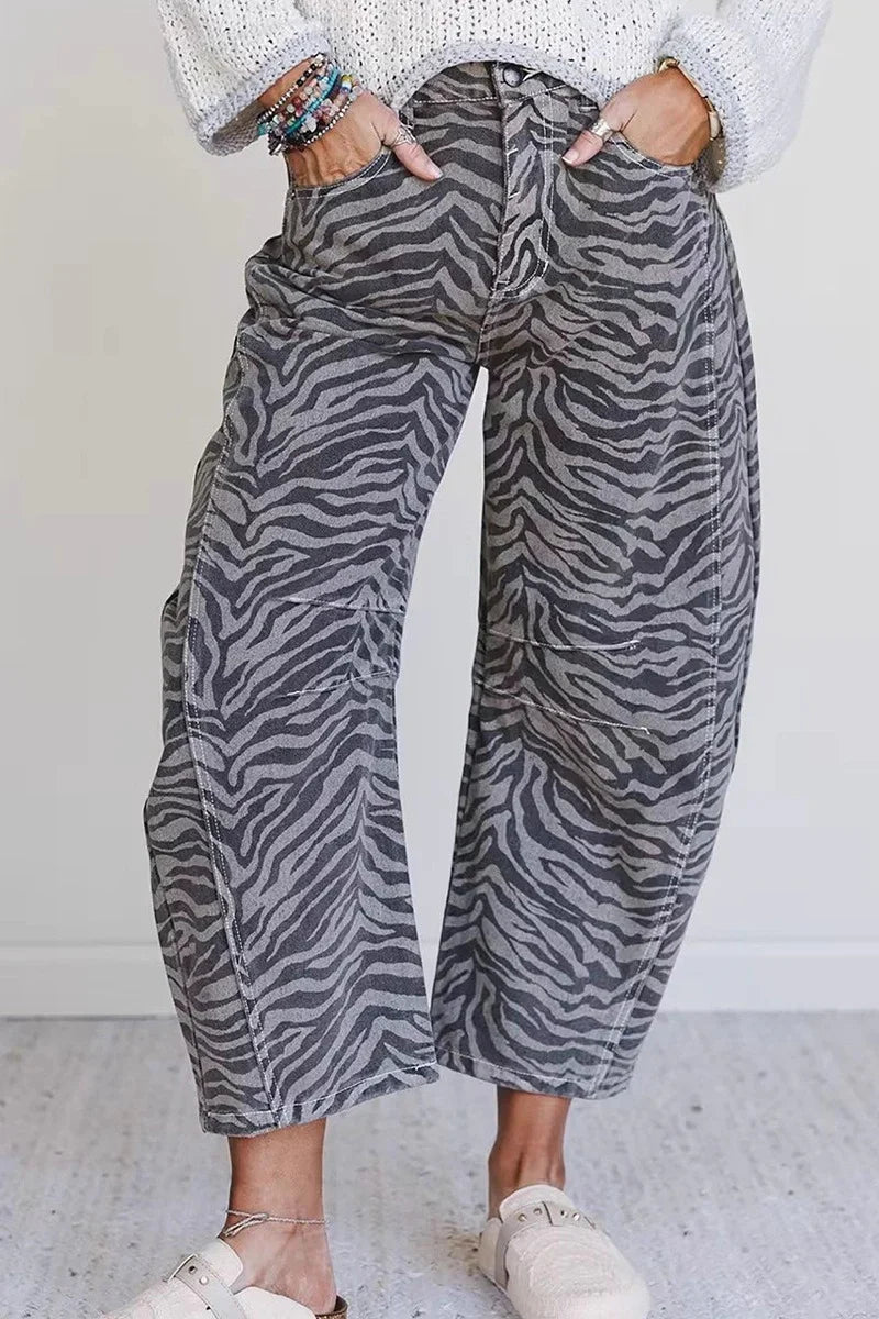 Women's Zebra Print High Waist Cropped Jeans with Wide Leg