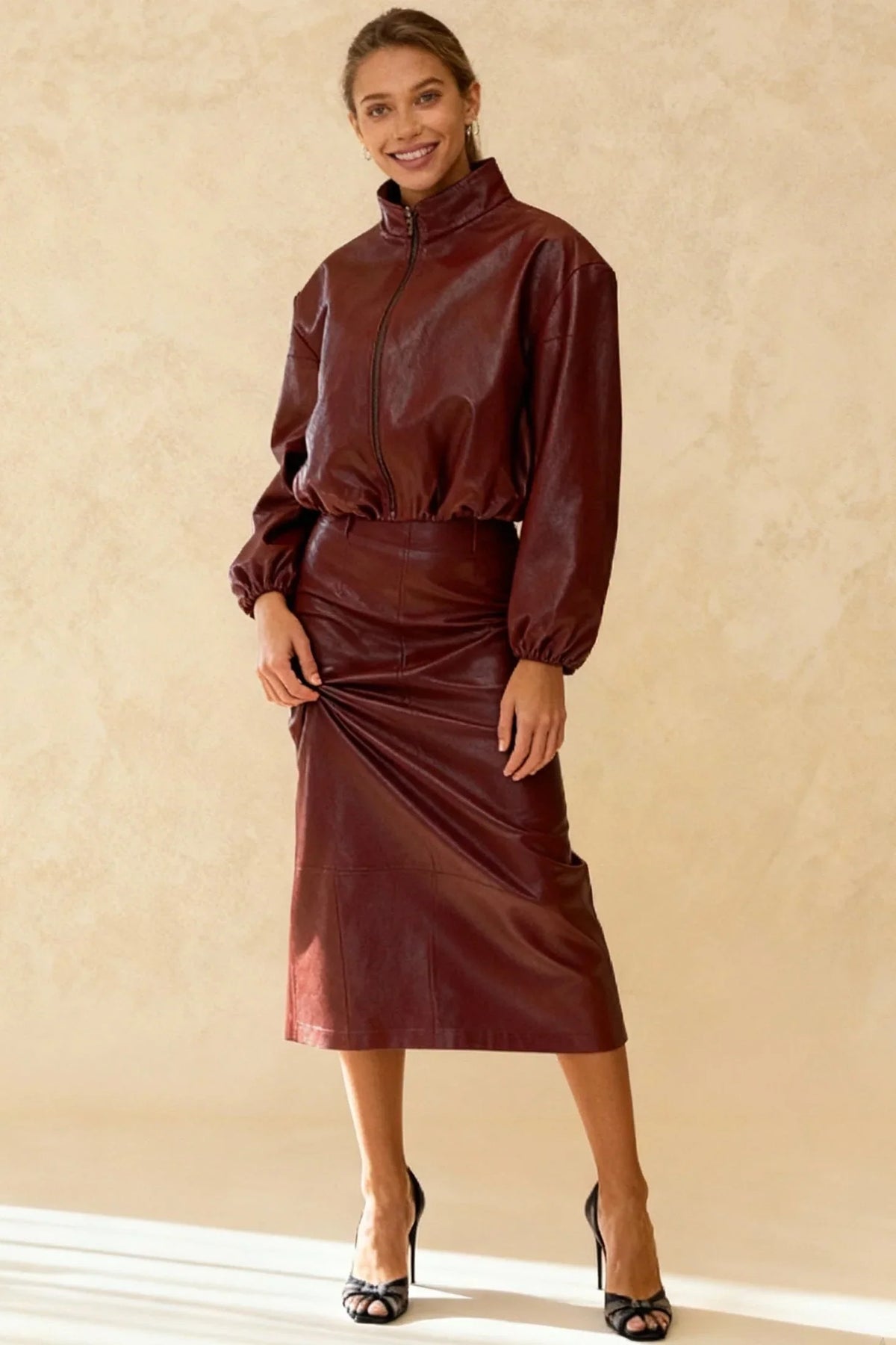 Women's Faux Leather Zip Up Jacket and Midi Skirt Set