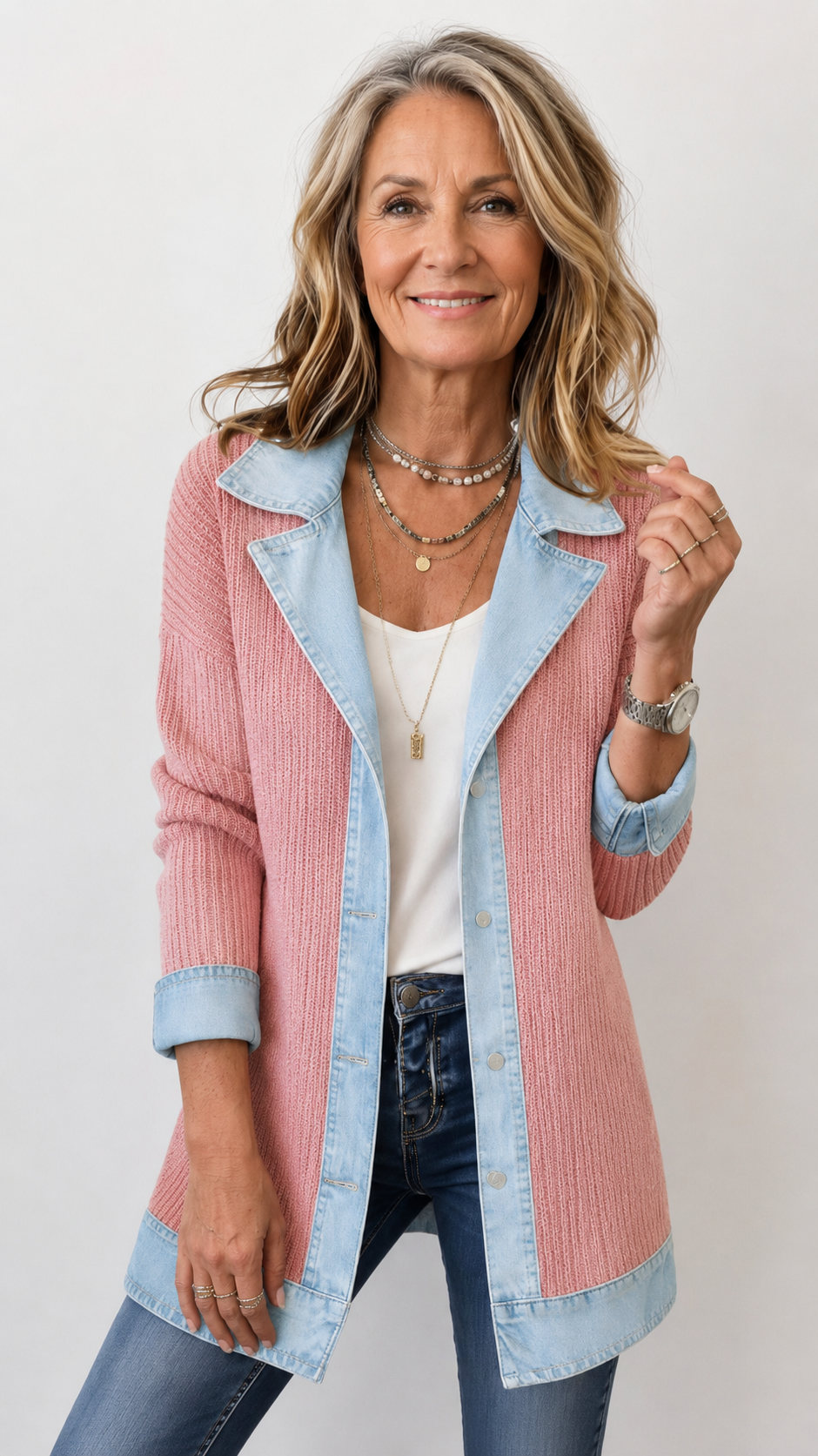 Women’s Mixed Denim Blazer Jacket with Contrast Lapels and Turn-Up Cuffs