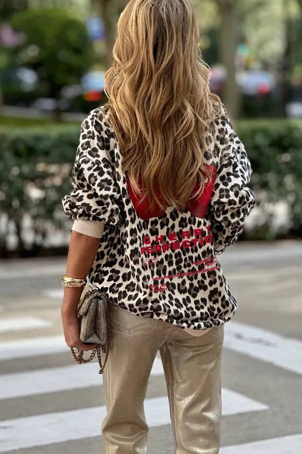 Women's Leopard and Cherry Print Casual Sweatshirt
