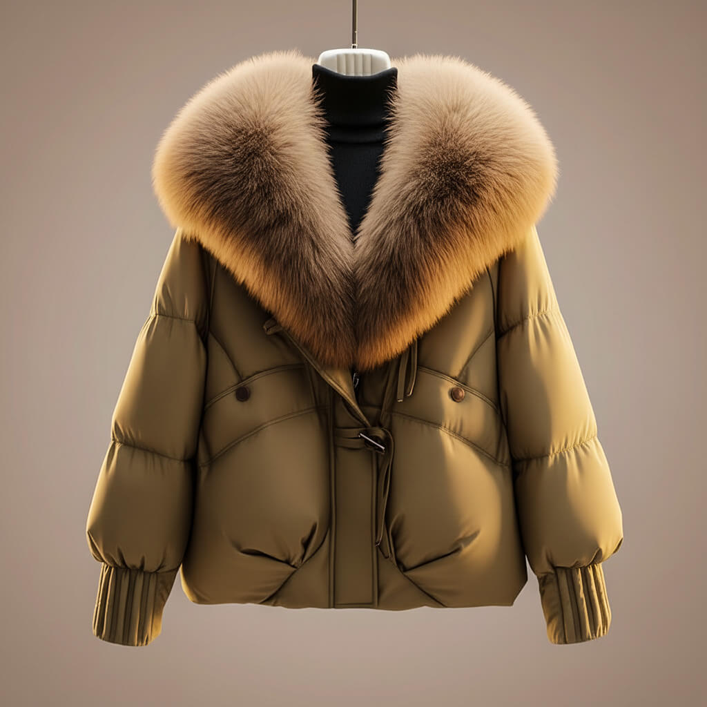 Women's Padded Coat With Plush Oversized Collar And Zip Front