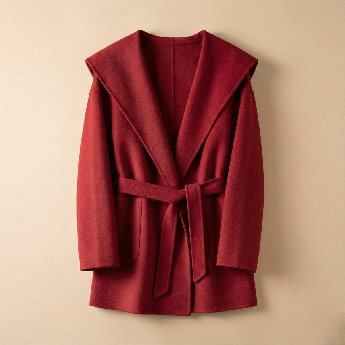 Women's Belted Hooded Wool Blend Coat with Patch Pockets