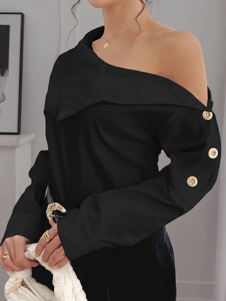 Women's Buttoned Shoulder Turtleneck Blouse With Long Sleeves