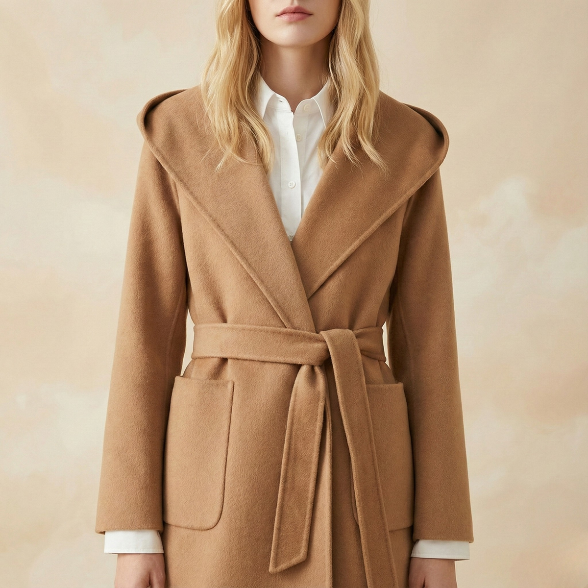 Women's Belted Hooded Wool Blend Coat with Patch Pockets