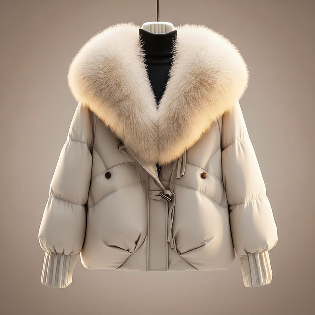 Women's Padded Coat With Plush Oversized Collar And Zip Front