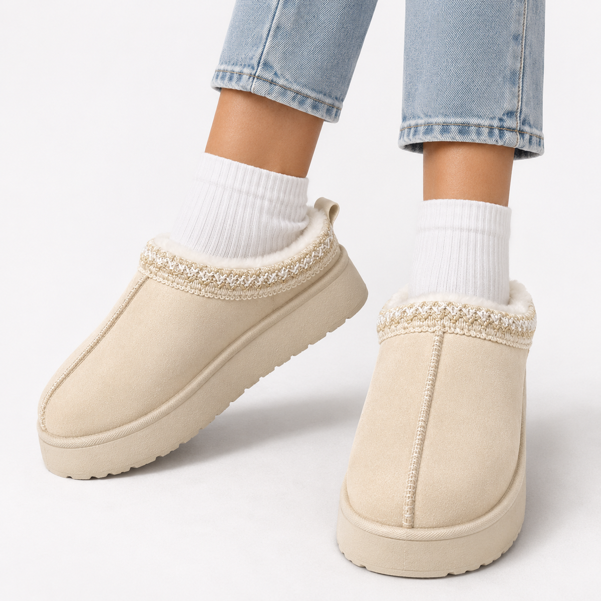 Women's Suede Slip On Winter Slippers with Faux Fur Lining and Embroidered Collar