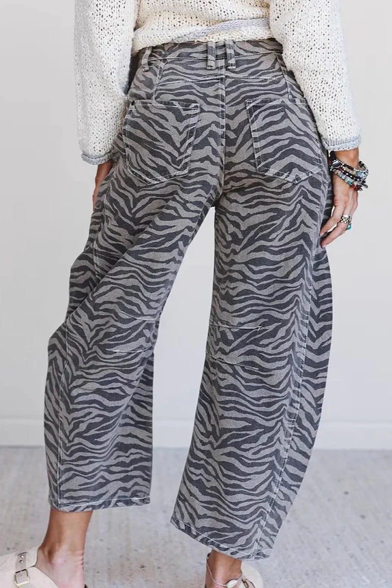 Women's Zebra Print High Waist Cropped Jeans with Wide Leg