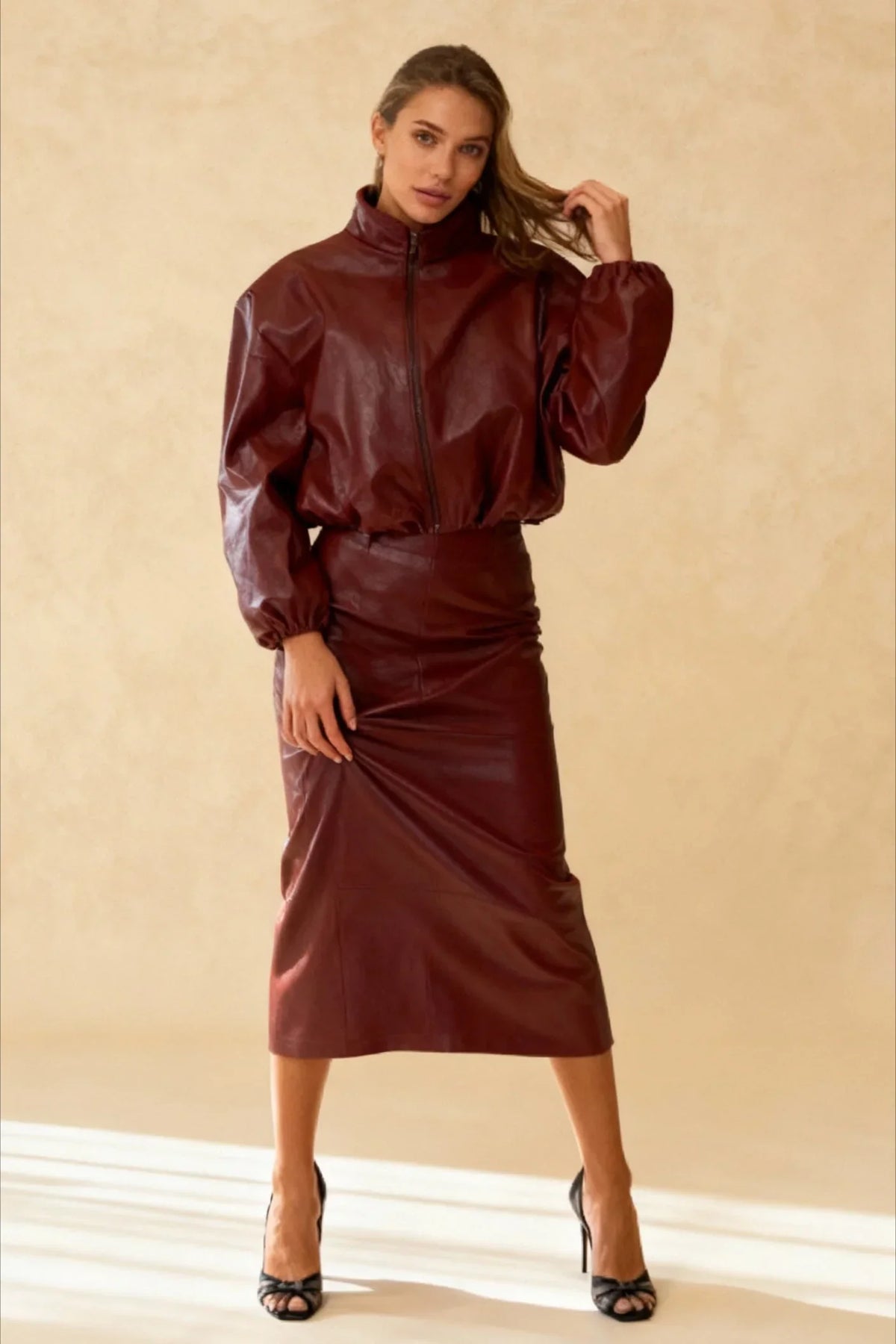 Women's Faux Leather Zip Up Jacket and Midi Skirt Set