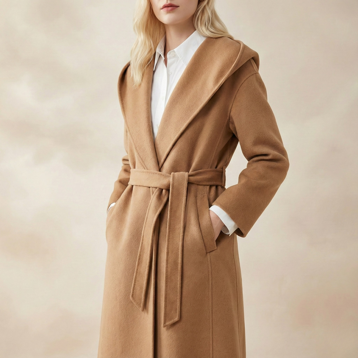 Women's Belted Hooded Wool Blend Coat with Patch Pockets