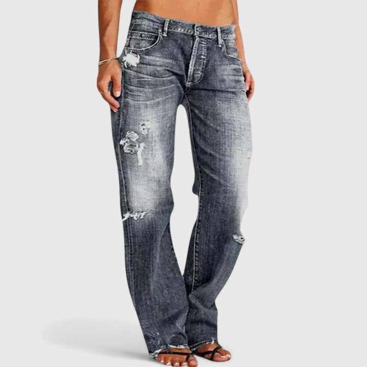Women's Distressed Straight Leg Jeans With Frayed Hem