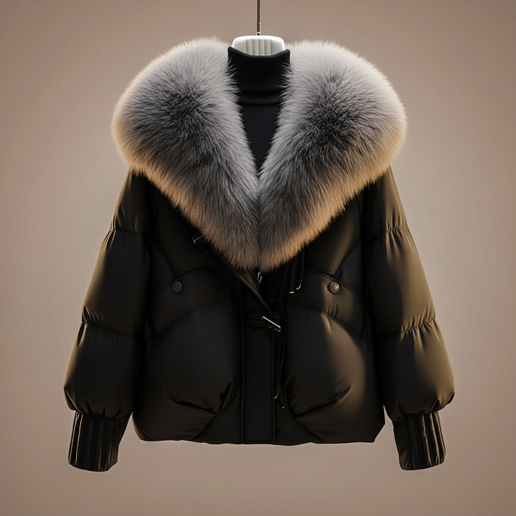 Women's Padded Coat With Plush Oversized Collar And Zip Front